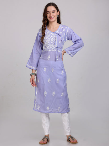 Women's Lucknowi Chikankari Hand Work Cotton Angrakha Style Kurta
