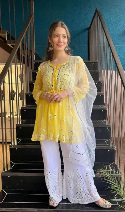 Chikankari Mirror Work Short Gown Set