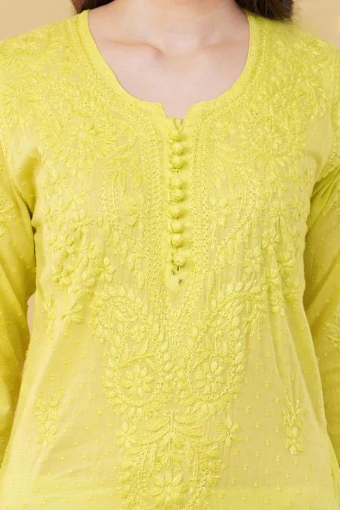 Cotton Dyed Chikankari Co-Ord Straight Kurta Wth Lycra Stretchable Trouser
